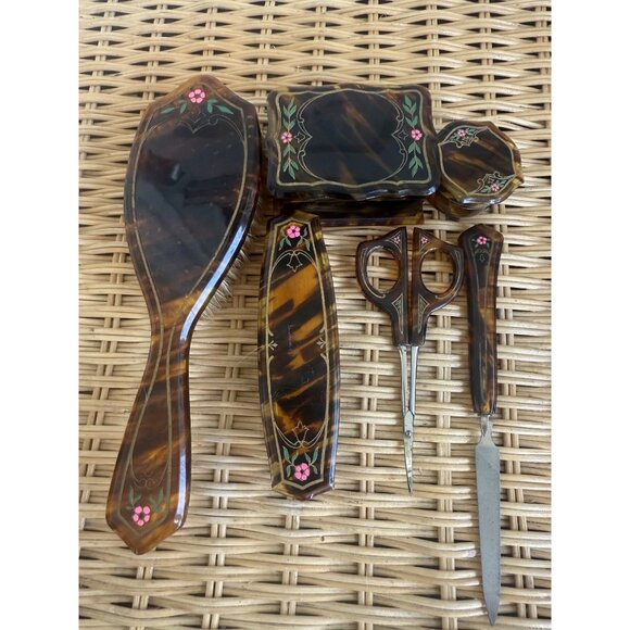 Antique 20's Faux Tortoise Carved Celluloid Painted Flowers Vanity set - Picture 11 of 15